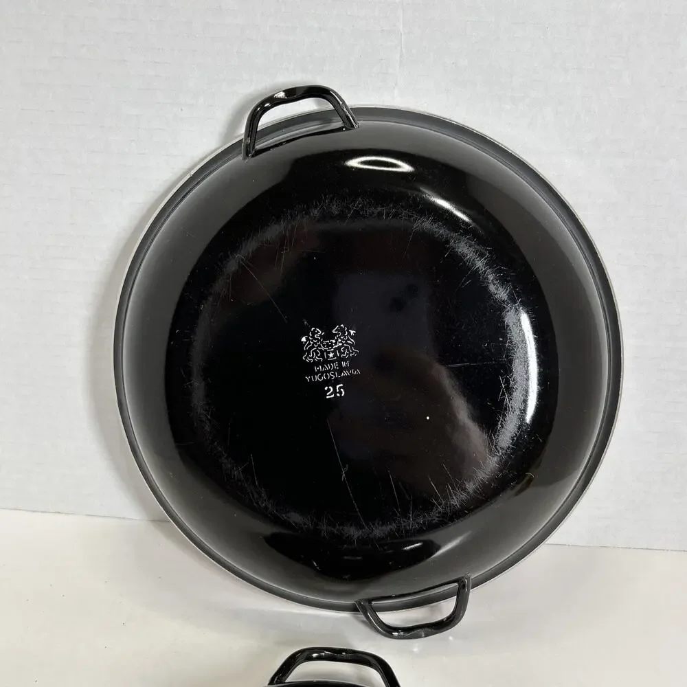 Vtg MCM Emo Celji Style Nesting Enamel Metal 2 Saute Pans Yugoslavia Blue Red